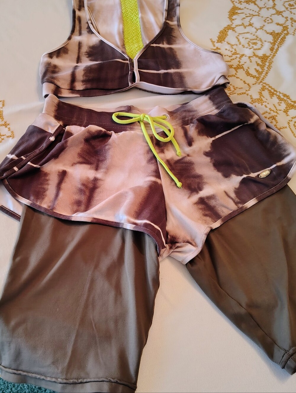 Sexy M Tie-Dye Lounge Shorts & Layered Leggings Set - Taupe/Brown/Neon
